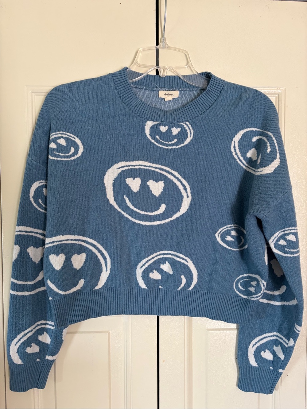 Smiley Face Retro Streetwear Emoji Cropped Sweater Hearts Debut Womens SM